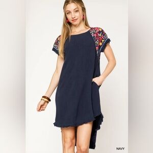 Umgee Navy Dress with Colorful Embroidered Sleeves